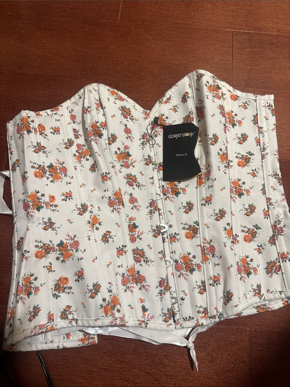 Corset Story Floral Lace-Up Corset Top in White with Orange Rose Print